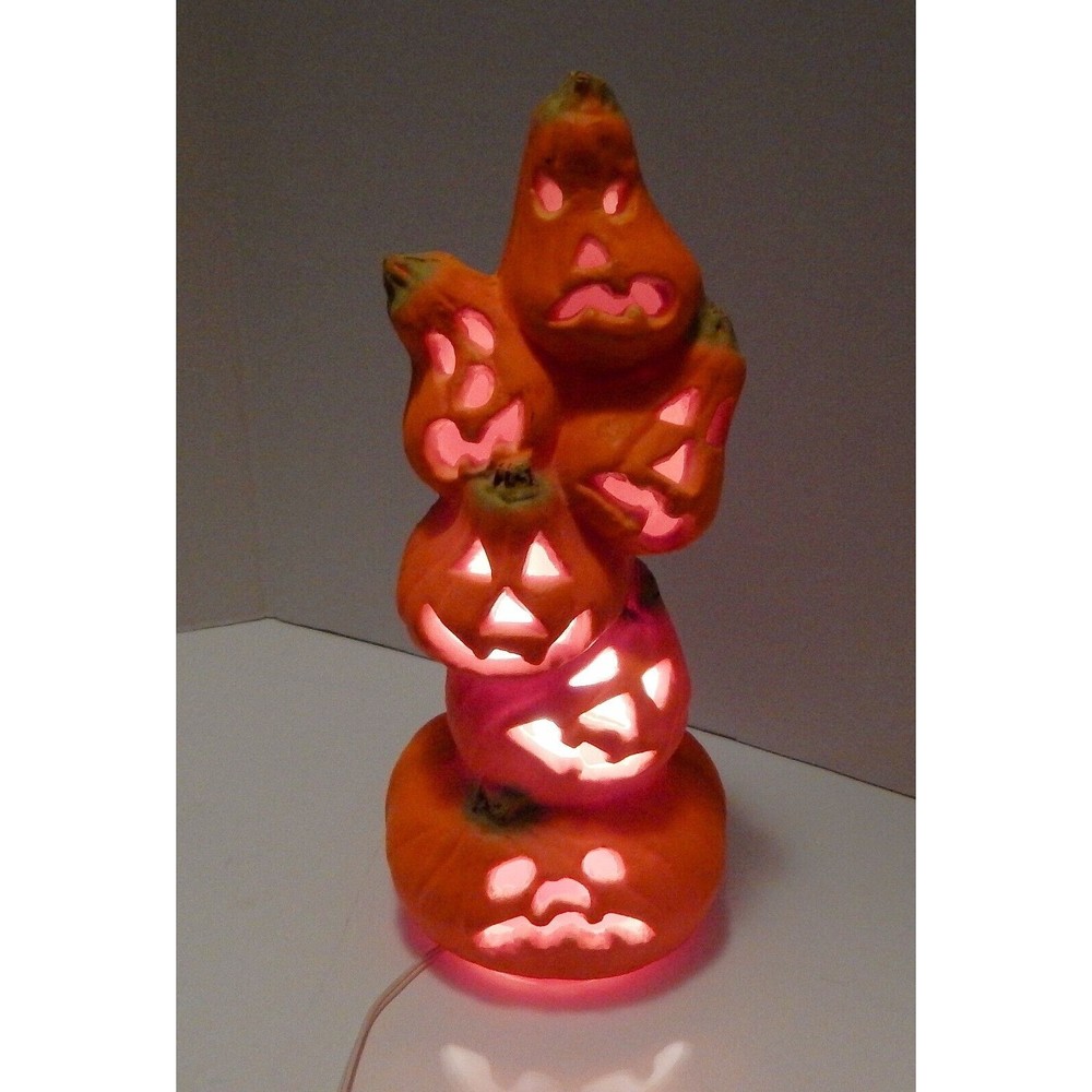 Gemmy Halloween Stacked Jack O Lantern Pumpkin Faces Foam Lighted 15 In Works